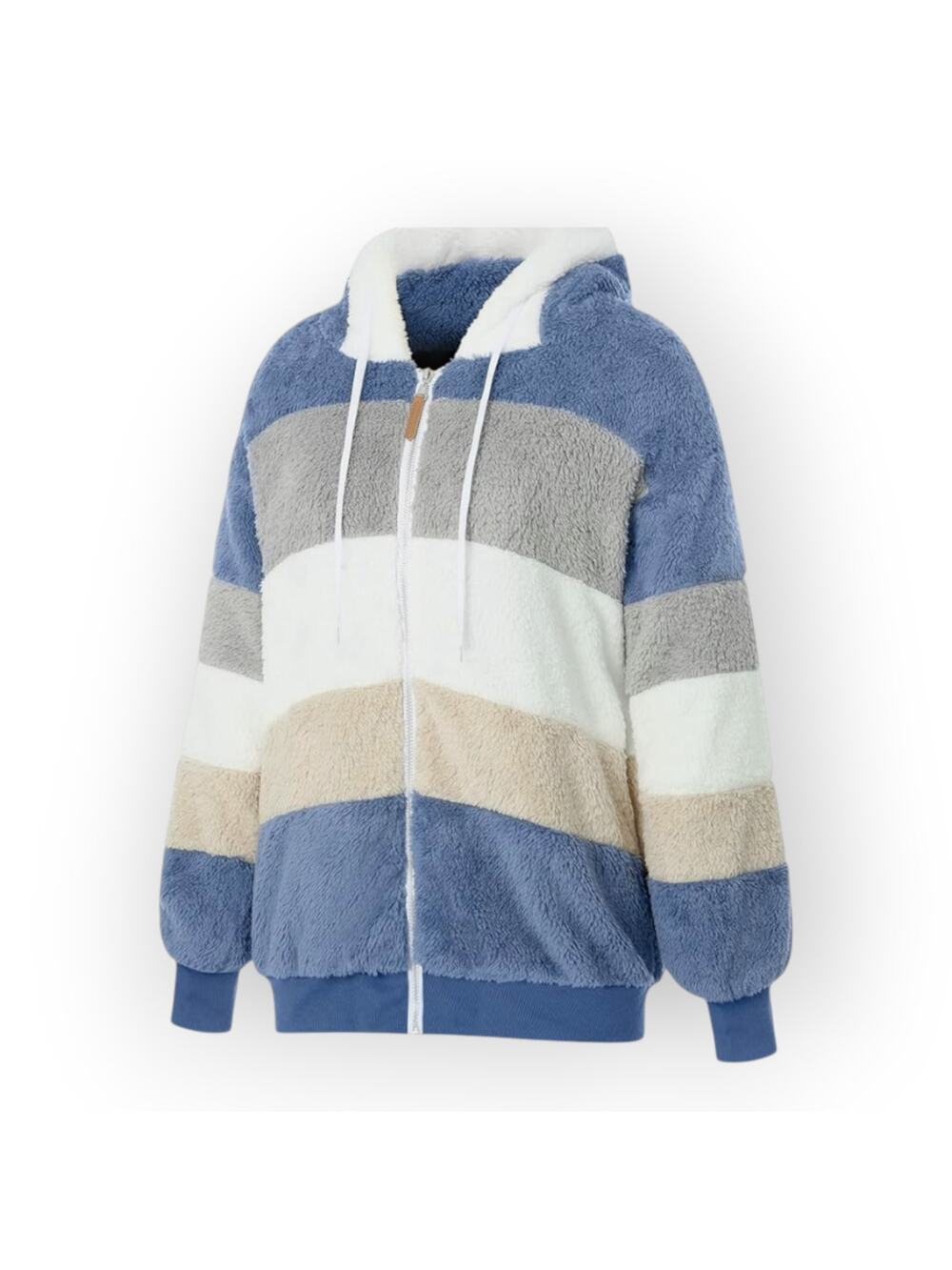 Plush Hooded Zip Jacket Blue Stripe Fleece Pocket NWT L Cozy Casual